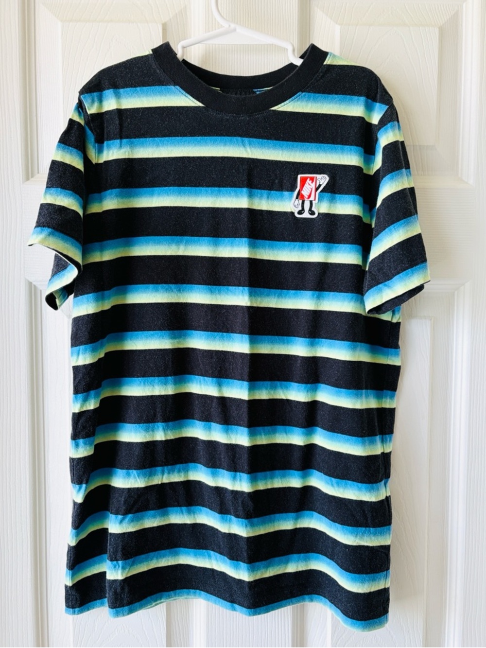 Boys Nike Black Tee with Blue and Green Stripes